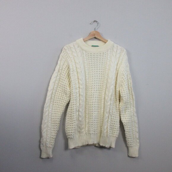 Outreach Cable Knit Sweater Women L Ivory Acrylic Fisherman Pullover Vtg 516 - Picture 1 of 9